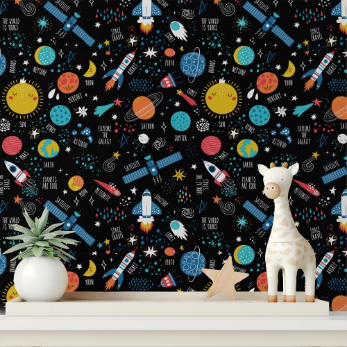 Colorful Space Rockets Galaxy Modern Kids Pattern Wallpaper