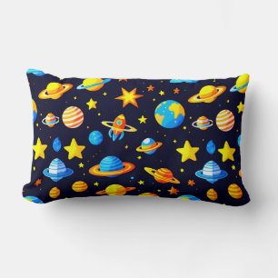 Colorful Space Theme Illustration With Planets Lumbar Pillow