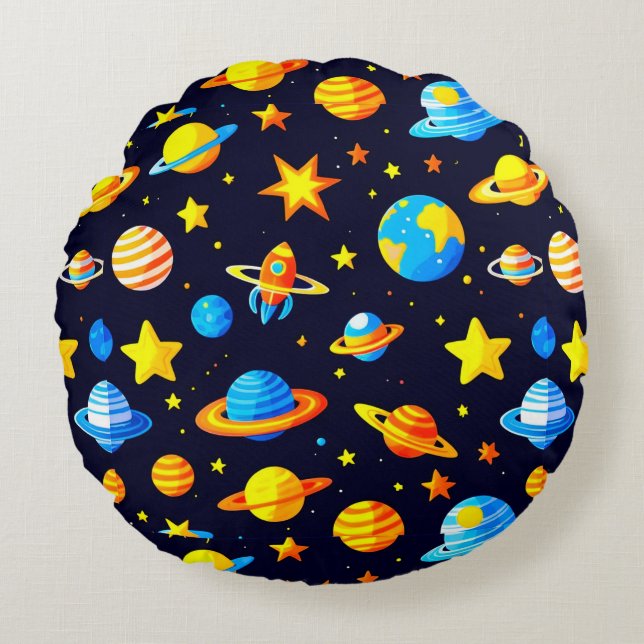 Colorful Space Theme With Planets Round Pillow (Front)