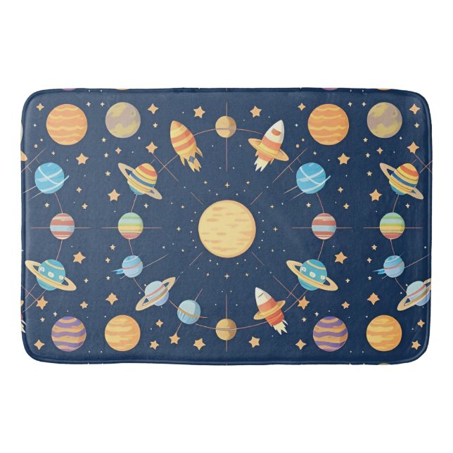 Colorful Space-themed Pattern with Planets Bath Mat (Front)