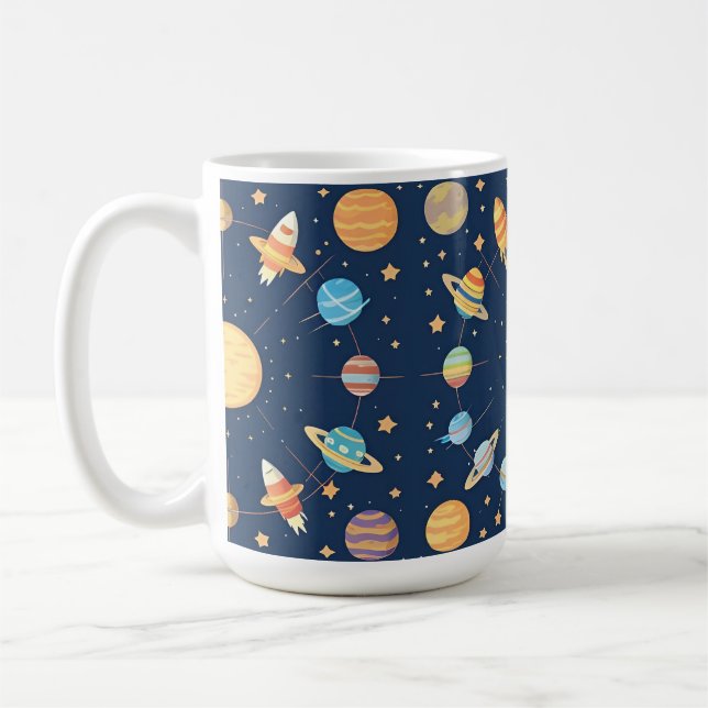 Colorful Space-themed Pattern with Planets Coffee Mug (Left)