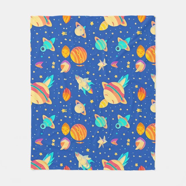 Colorful Space-themed Pattern with Planets Fleece Blanket (Front)