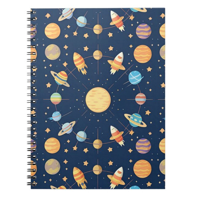 Colorful Space-themed Pattern with Planets Notebook (Front)