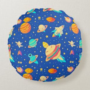 Colorful Space-themed Pattern with Planets Round Pillow