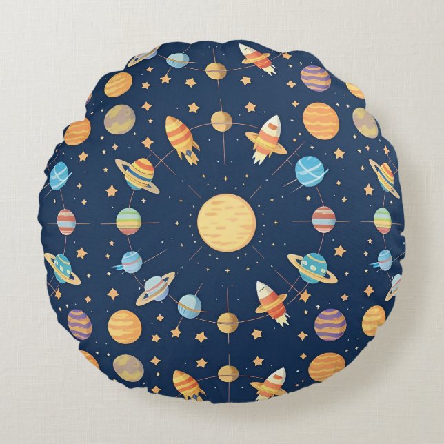 Colorful Space-themed Pattern with Planets Round Pillow (Front)