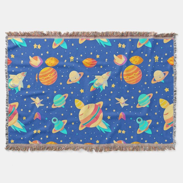Colorful Space-themed Pattern with Planets Throw Blanket (Front)