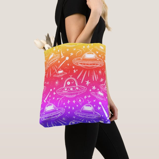 Colorful Spaceship Pattern Tote Bag (Close Up)