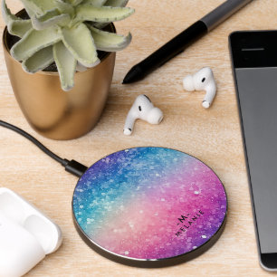 Colorful Sparkling Glitter Texture, Monogram Wireless Charger