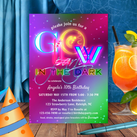 Colorful Sparkling Glow In The Dark Birthday Invitation