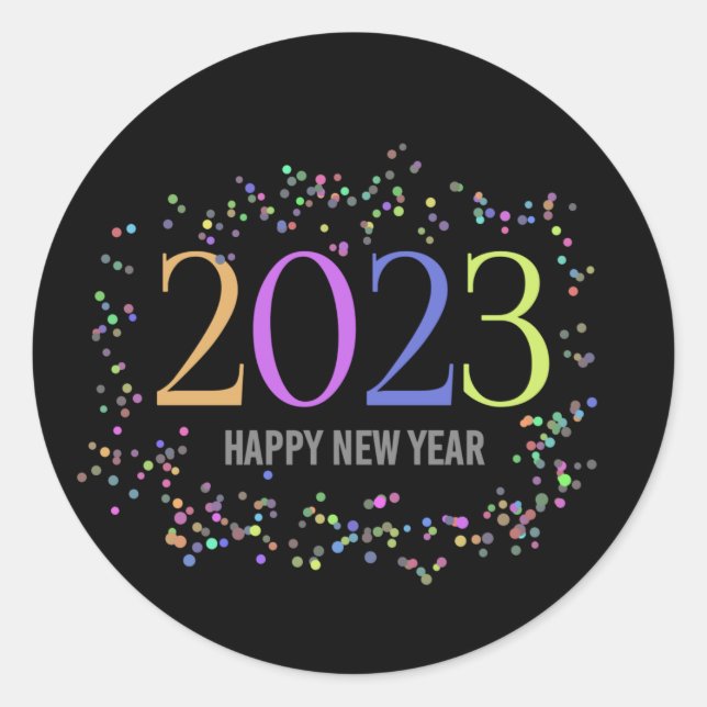 colorful sparkling shimmer 2023 new year classic round sticker (Front)
