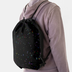 Colorful sparkling stars in night sky black design drawstring bag