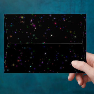 Colorful sparkling stars in night sky black design envelope