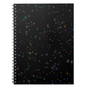 Colorful sparkling stars in night sky black design notebook