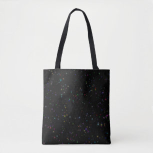 Colorful sparkling stars in night sky black design tote bag