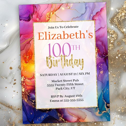 Colorful Sparkly Alcohol Ink 100th Birthday Invitation