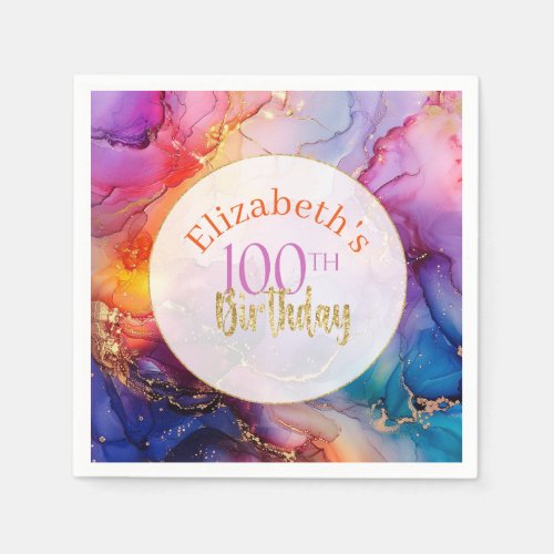 Colorful Sparkly Alcohol Ink 100th Birthday Napkins