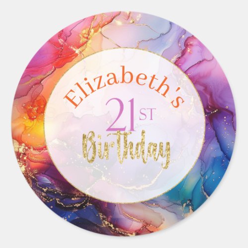 Colorful Sparkly Alcohol Ink 21st Birthday Classic Round Sticker