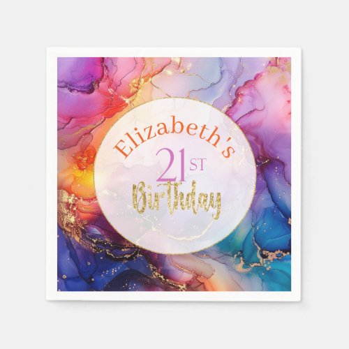 Colorful Sparkly Alcohol Ink 21st Birthday Napkins