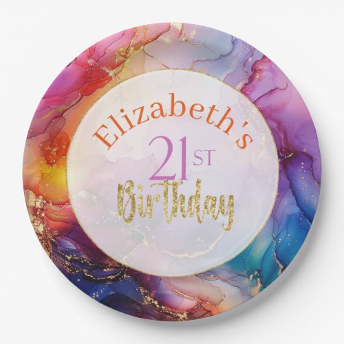 Colorful Sparkly Alcohol Ink 21st Birthday Paper Plates