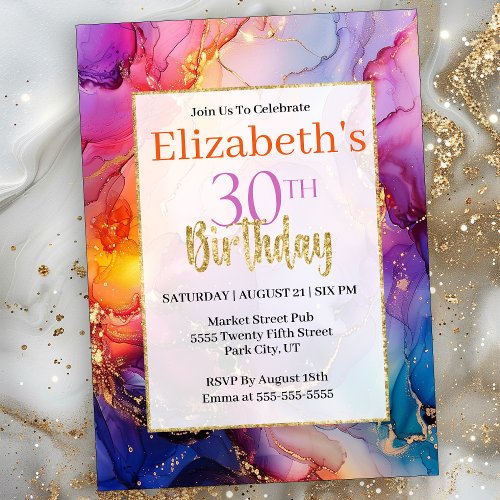 Colorful Sparkly Alcohol Ink 30th Birthday Invitation