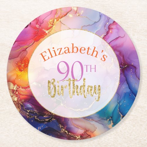 Colorful Sparkly Alcohol Ink 90th Birthday Round Paper Coaster