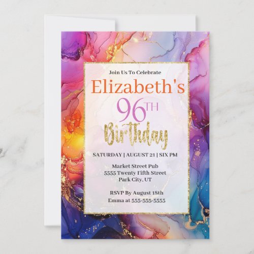 Colorful Sparkly Alcohol Ink 96th Birthday Invitation