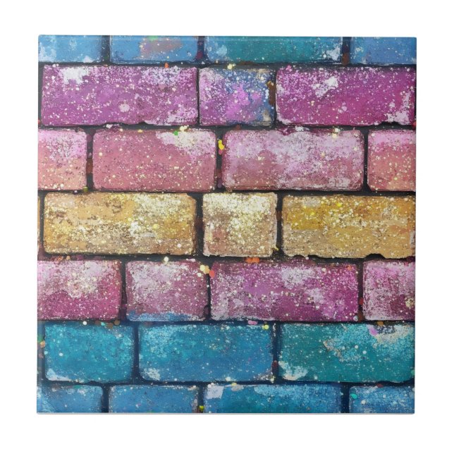 Colorful Sparkly Brick Pattern Ceramic Tile (Front)