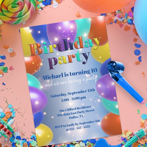 Colorful Sparkly Glossy Balloons Birthday Party Invitation