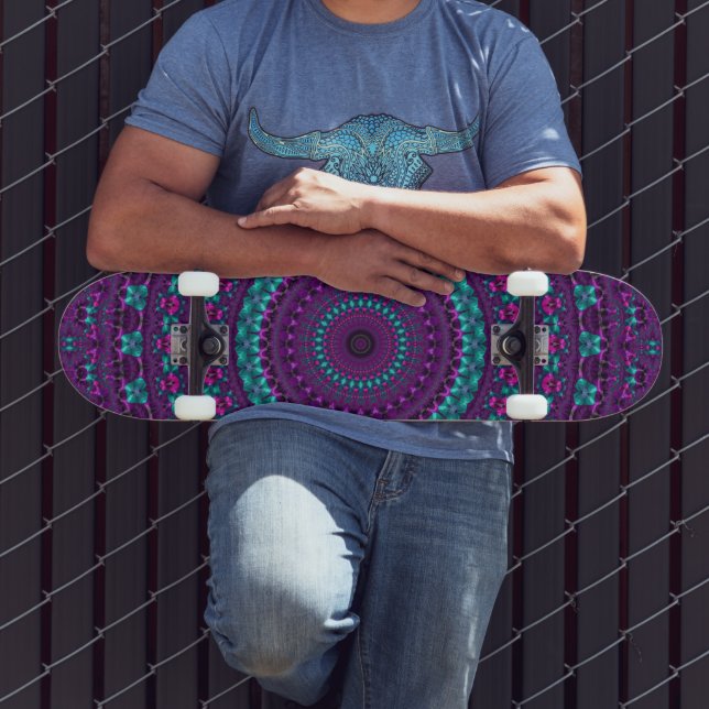 Colorful Sparkly Jewel Tone Mandala Digital Art Skateboard (Outdoor 3)