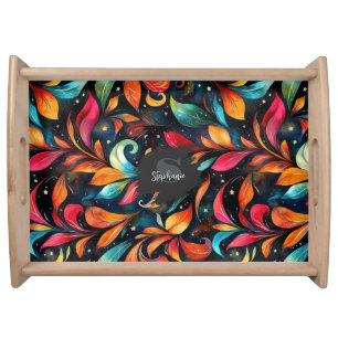 Colorful Sparkly Leaves Pattern - Black Background Serving Tray