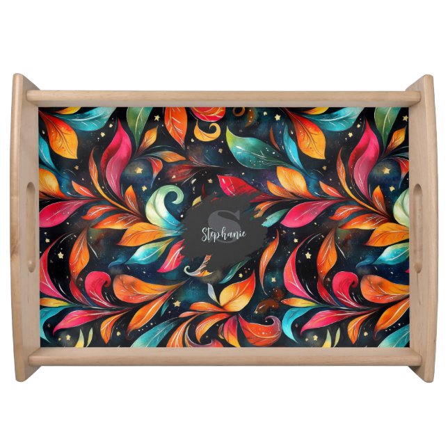 Colorful Sparkly Leaves Pattern - Black Background Serving Tray (Front)