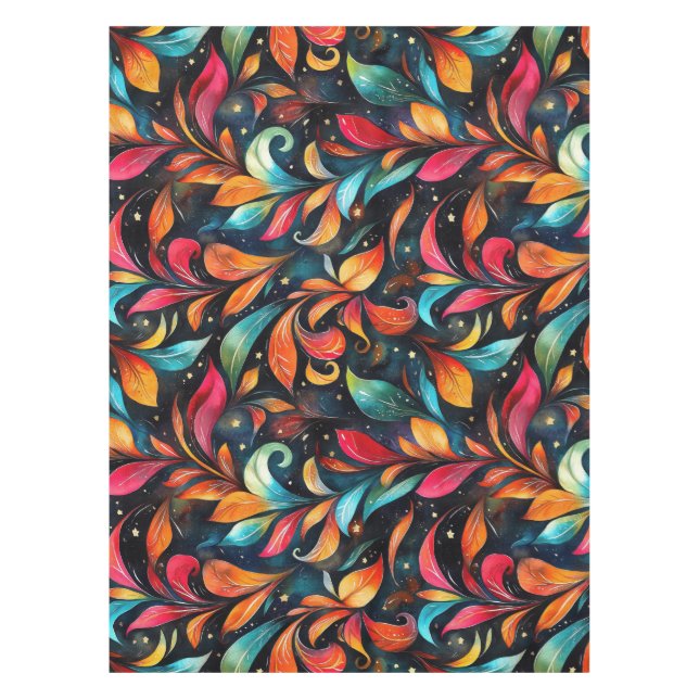 Colorful Sparkly Leaves Pattern - Black Background Tablecloth (Front)