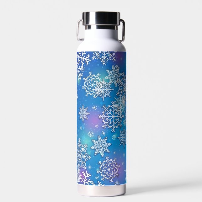 Colorful Sparkly Snowflakes Water Bottle (Front)