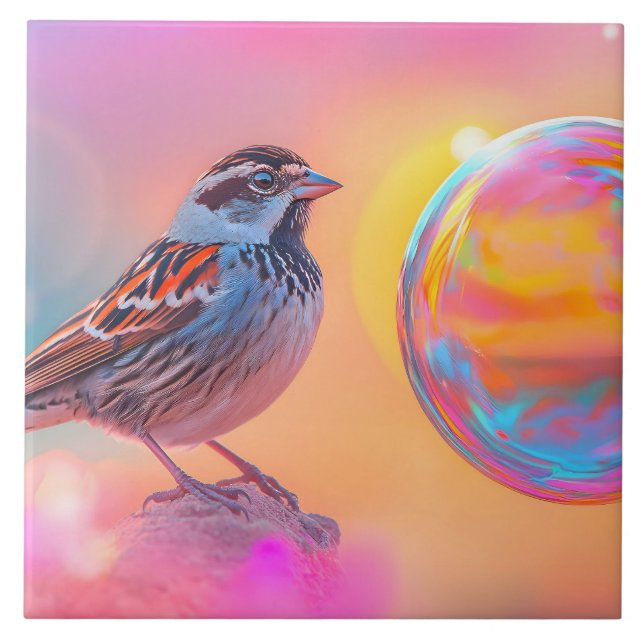 Colorful Sparrow and Rainbow Bubble  Ceramic Tile (Front)