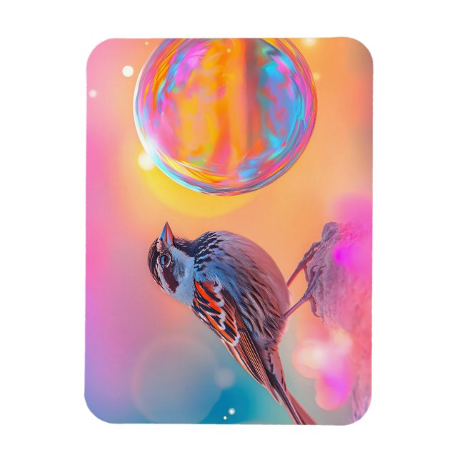 Colorful Sparrow and Rainbow Bubble  Magnet (Vertical)