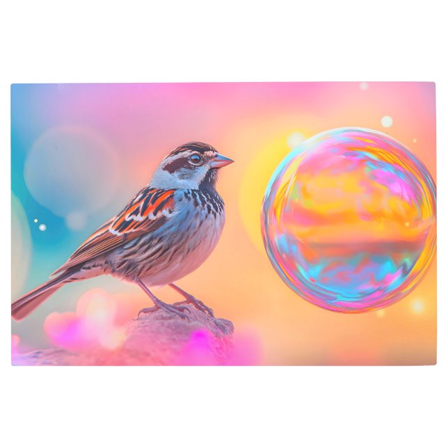 Colorful Sparrow and Rainbow Bubble  Metal Print (Front)