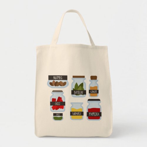 Colorful spice jars cooking style tote bag