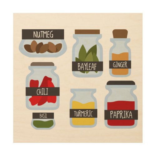 Colorful spice jars cooking style wood wall art