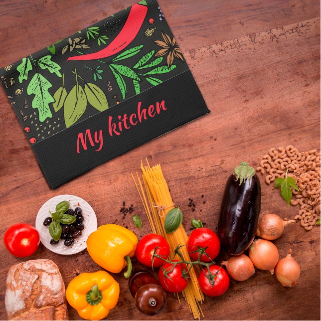 Colorful spices pattern name  black Kitchen Towels (Creator Uploaded)