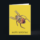 Colorful Spider birthday arachnid art Card<br><div class="desc">Colorful and bright, this is a hand drawn illustration of a doodle designed spider birthday card by artist Sacha Grossel. This bright and hip arachnid is arty and tribal and kind of cute. It is on a mustard yellow background. The background and birthday greeting inside can be customized to your...</div>