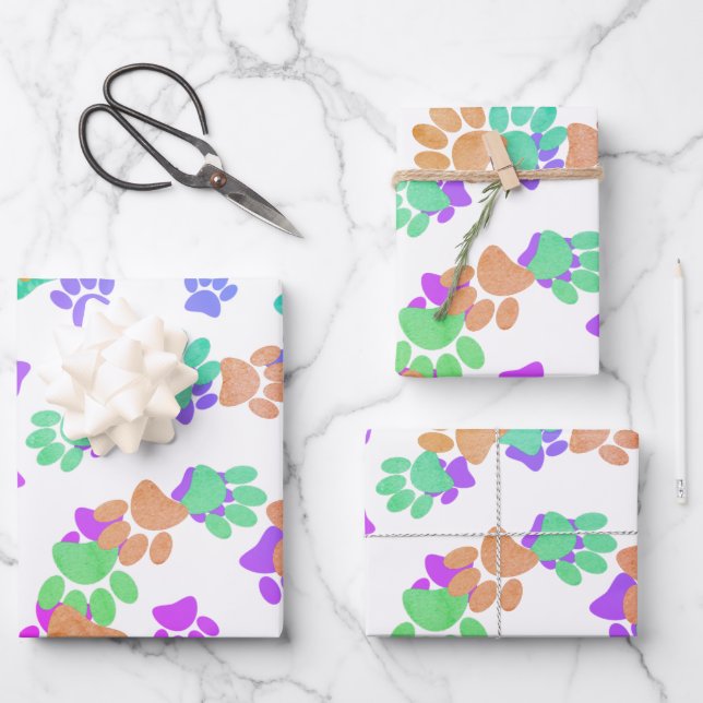 Colorful Spiral Dog Pawprint Wrapping Paper Sheets (Front)
