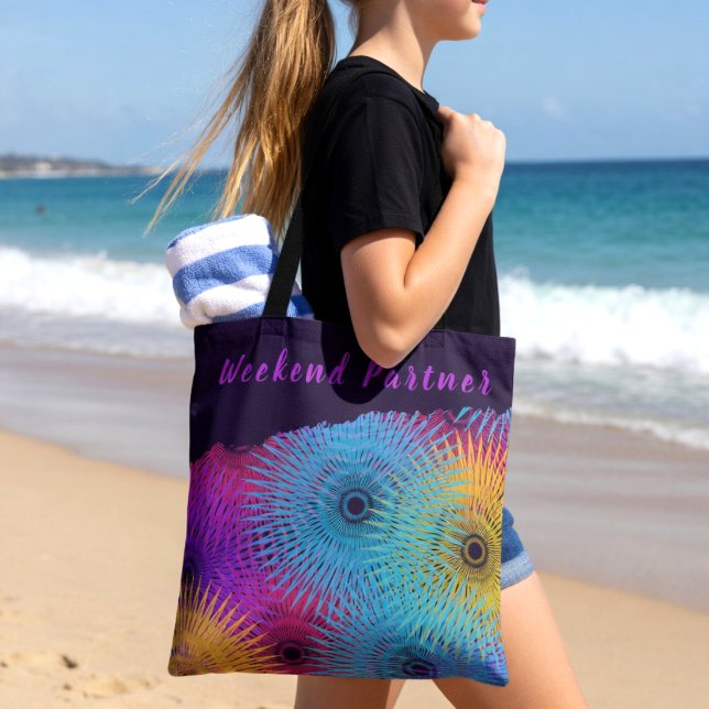 Colorful Spiral Geometric Tote Bag (Weekend vibes tote brings color to the beach. custom text.)