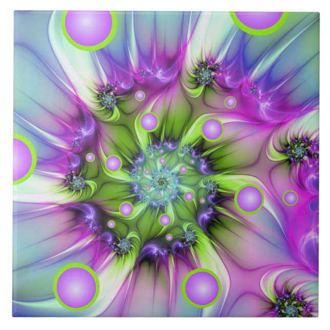 Colorful Spiral Round Shapes Abstract Fractal Art Ceramic Tile (Front)