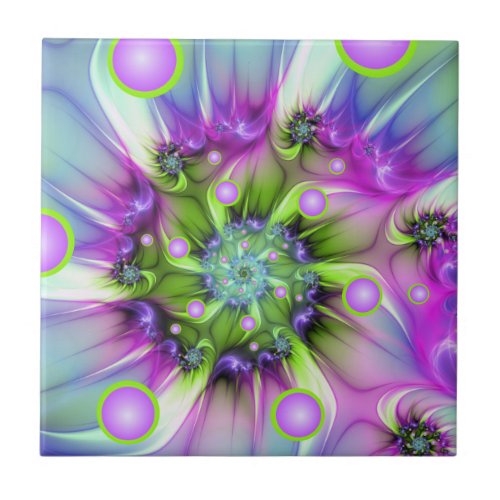 Colorful Spiral Round Shapes Abstract Fractal Art Ceramic Tile