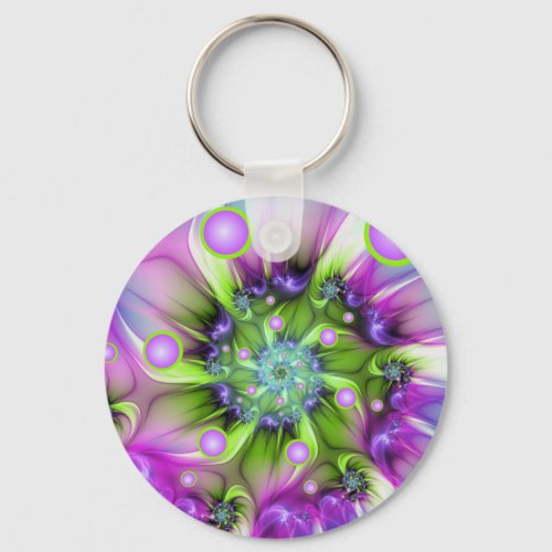 Colorful Spiral Round Shapes Abstract Fractal Art Keychain