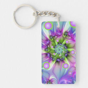 Colorful Spiral Round Shapes Abstract Fractal Art Keychain