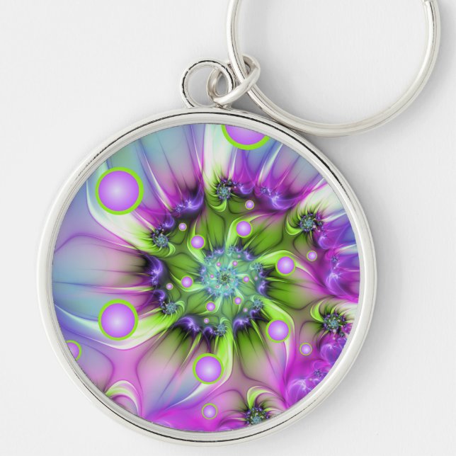 Colorful Spiral Round Shapes Abstract Fractal Art Keychain (Front)