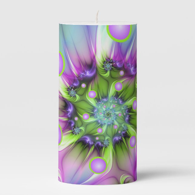 Colorful Spiral Round Shapes Abstract Fractal Art Pillar Candle (Front)