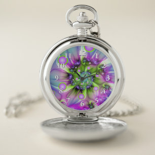 Colorful Spiral Round Shapes Abstract Fractal Art Pocket Watch
