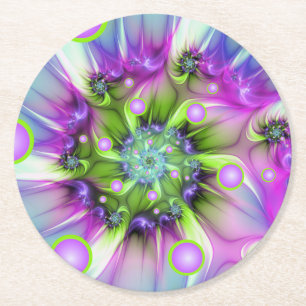 Colorful Spiral Round Shapes Abstract Fractal Art Round Paper Coaster
